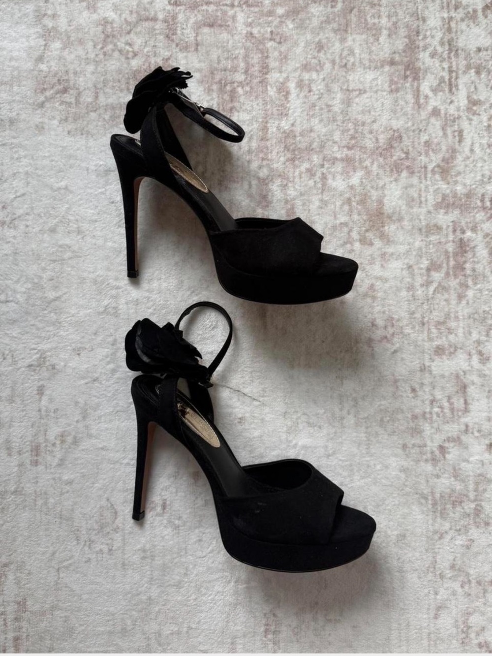 Express Black Suede Platform Heels with Rose Detail